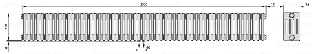 Схема (чертеж) Радиатор Zehnder Charleston 5019/55 №3470 Белый глянцевый RAL 9016